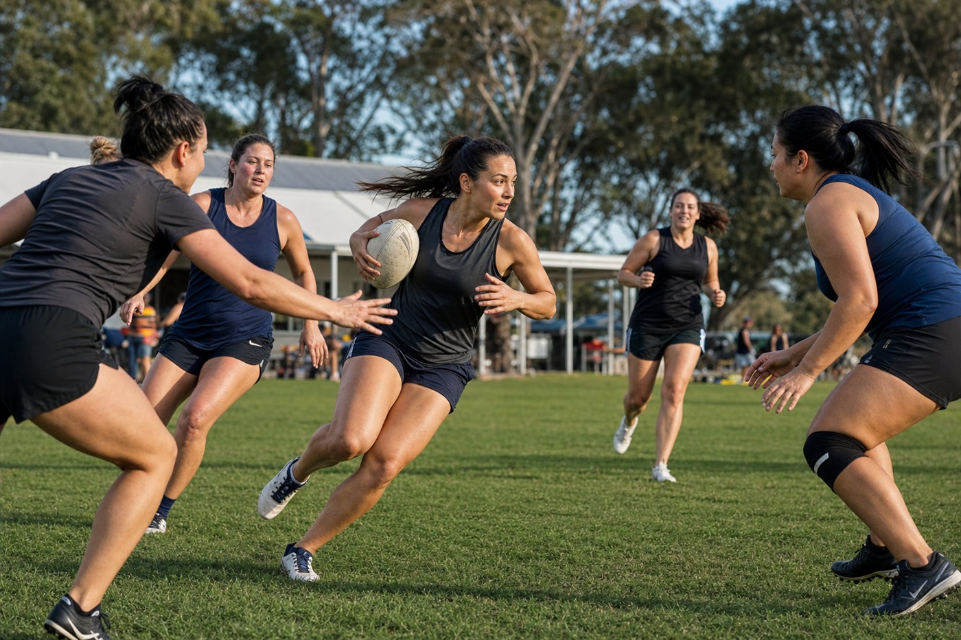 Women in motion during a social touch football game